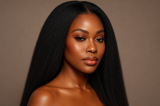 Beautiful African American hair model with long black Kinky "Yaki" Straight hair with perfect makeup