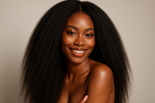 Beautiful African American hair model with long black coarse yaki kinky straight hair with perfect makeup smiling