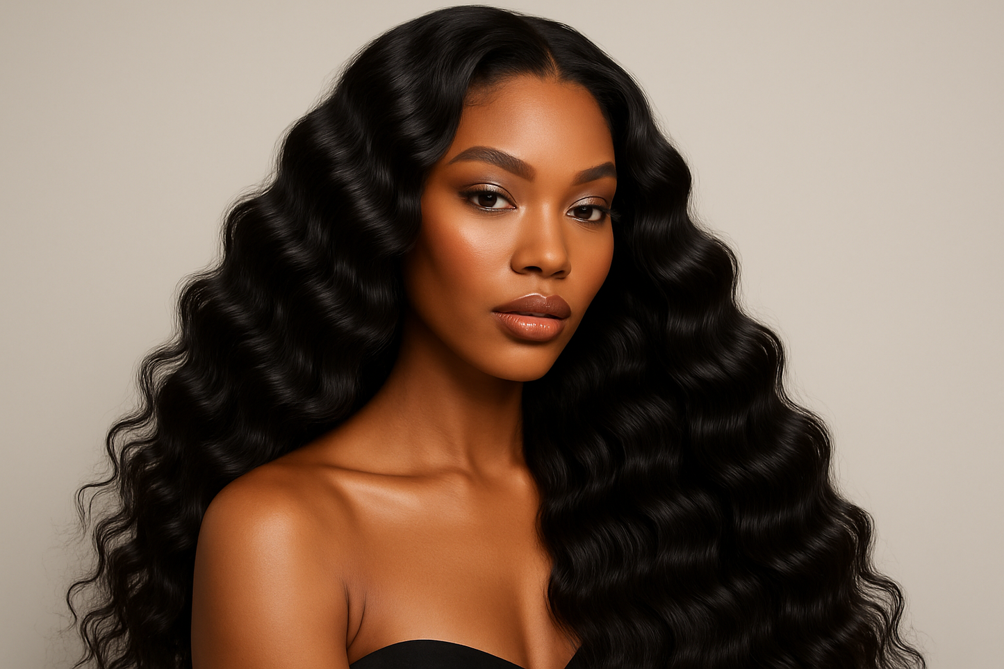 Beautiful African American hair model with long black deep wavy hair 