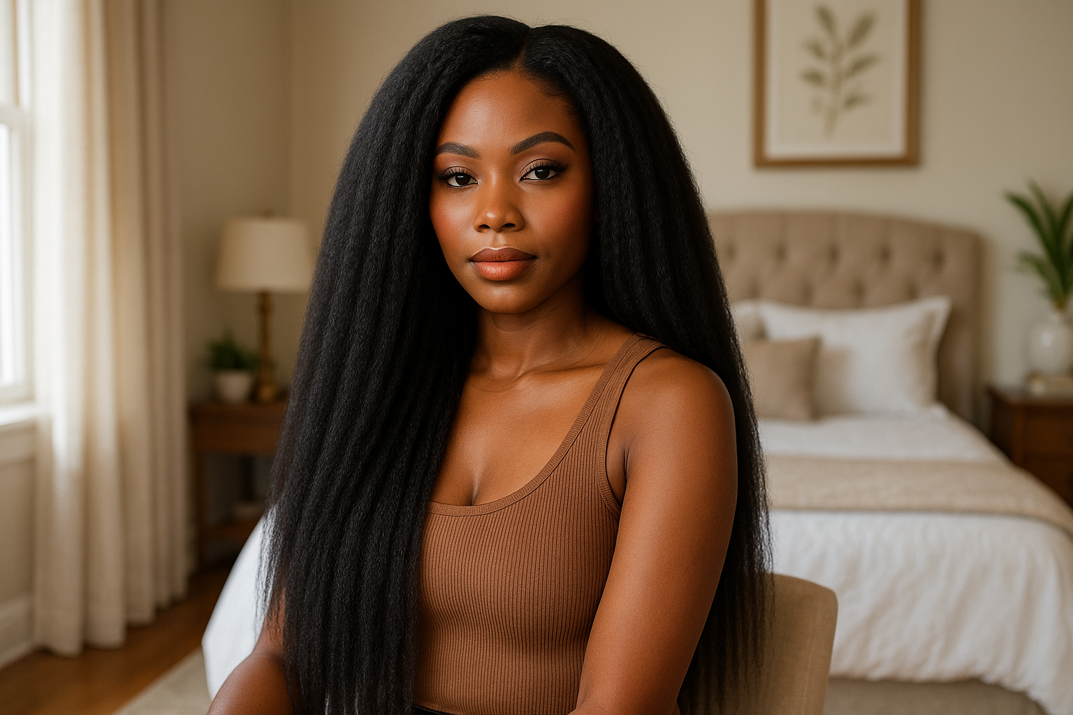 Beautiful African American hair model with long black Kinky "Yaki" straight hair with perfect makeup at home in her room