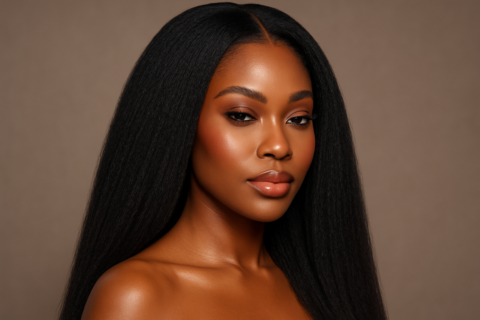 Beautiful African American hair model with long black Kinky "Yaki" Straight hair with perfect makeup